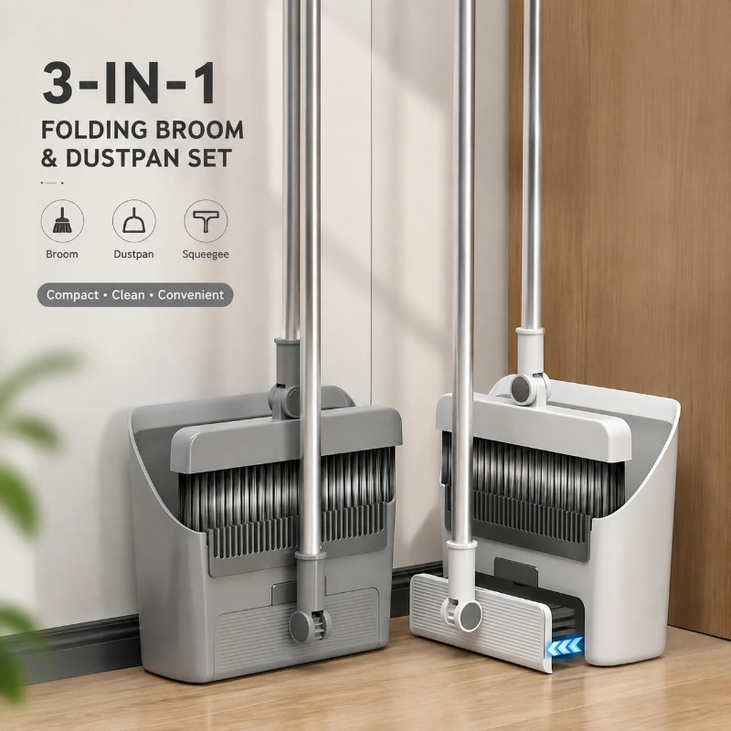 Squeegee Holder Screen - 3-in-1 Foldable Broom Dustpan Set Standing
